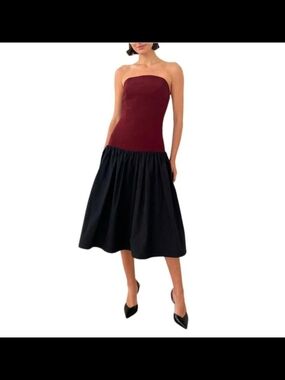 Amanda Uprichard Strapless Two-Tone Midi Dress in Burgundy and Black